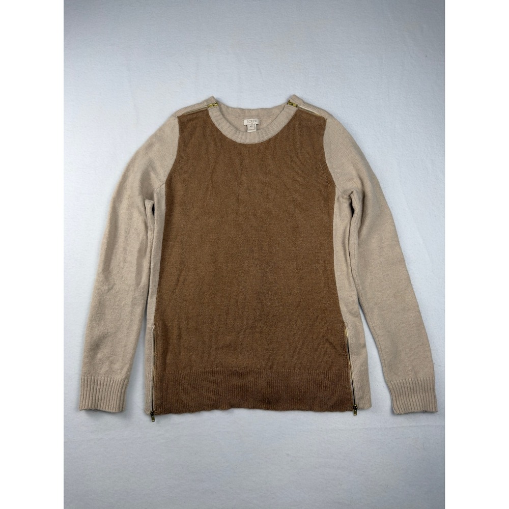 J.Crew Womens XS Colorblock Merino Wool Blend Zipper Accent Sweater Brown Tan